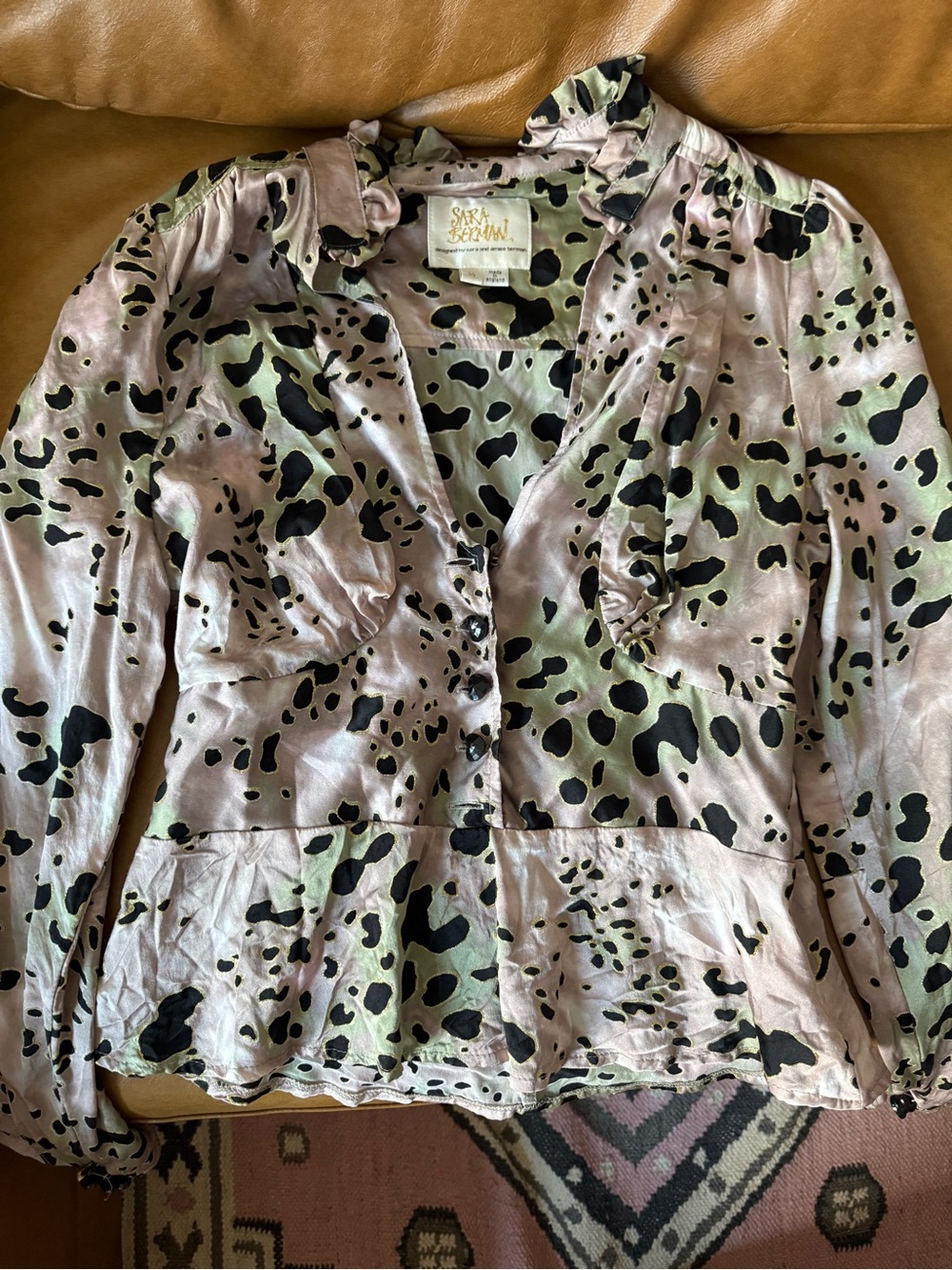 Sara Berman 100% silk vintage leopard print shirt pink green black size M
